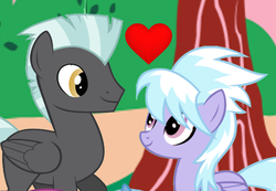 Size: 854x592 | Tagged: safe, artist:skittles91k, edit, cloudchaser, thunderlane, pony, g4, cropped, female, heart, looking at each other, looking at someone, male, ship:thunderchaser, shipping, smiling, straight