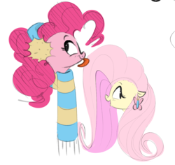 Size: 1170x1106 | Tagged: safe, artist:hattsy, fluttershy, pinkie pie, earth pony, pegasus, pony, g4, clothes, earmuffs, female, licking, mare, open mouth, scarf, simple background, smiling, tongue out, white background