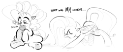 Size: 2247x963 | Tagged: safe, artist:hattsy, fluttershy, pinkie pie, earth pony, pegasus, pony, g4, angry, aweeg*, cookie, dialogue, eating, female, food, mare, misleading thumbnail, monochrome, nom, open mouth, sitting, this will end in pain