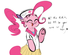 Size: 986x768 | Tagged: safe, artist:hattsy, pinkie pie, earth pony, pony, semi-anthro, g4, arm hooves, bipedal, blushing, clothes, cute, dialogue, eyes closed, female, frog (hoof), hat, mare, nurse hat, nurse outfit, open mouth, pleated skirt, ponytail, shirt, skirt, smiling, solo, stethoscope, underhoof