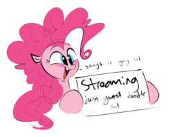 Size: 1404x1112 | Tagged: safe, artist:hattsy, pinkie pie, earth pony, pony, g4, blushing, dialogue, female, hoof hold, open mouth, sign, smiling, solo