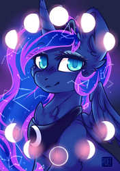 Size: 2834x4015 | Tagged: safe, artist:ruef, princess luna, alicorn, pony, g4, cheek fluff, chest fluff, colored pupils, constellation, cute, ear fluff, eyebrows, eyebrows visible through hair, female, leg fluff, lunabetes, mare, moon, phases, smiling, solo