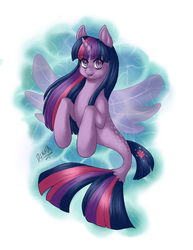 Size: 771x1000 | Tagged: safe, artist:d.lycaon, twilight sparkle, alicorn, seapony (g4), g4, my little pony: the movie, cute, dorsal fin, eyebrows, eyebrows visible through hair, female, fin, fin wings, fins, fish tail, flowing mane, flowing tail, horn, looking at you, mare, ocean, open mouth, pixiv, seaponified, seapony twilight, signature, smiling, smiling at you, solo, species swap, spread wings, swimming, tail, twiabetes, twilight sparkle (alicorn), underwater, water, wings