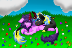 Size: 2815x1882 | Tagged: safe, artist:midnightfire1222, oc, oc:arc flash, oc:cadenza, kirin, couple, flower meadow, married, pregnant