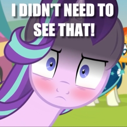 Size: 721x720 | Tagged: safe, artist:agrol, edit, starlight glimmer, sunburst, time for two, g4, blushing, caption, female, glarelight glimmer, image macro, male, reaction image, ship:starburst, shipping, straight, text, what has been seen