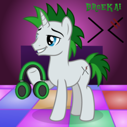 Size: 2000x2000 | Tagged: safe, artist:tacobender, oc, oc only, pony, unicorn, dance floor, green hair, happy, headphones, high res, male, musician, show accurate, solo, stallion, vector, white coat, youtuber