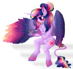 Size: 1658x1572 | Tagged: safe, alternate version, artist:unoriginai, twilight sparkle, alicorn, classical unicorn, unicorn, anthro, unguligrade anthro, g4, alternate hairstyle, breasts, chest, chest fluff, cleavage fluff, cloven hooves, colored wings, drug use, drugs, ear fluff, ear piercing, earring, featureless breasts, finger hooves, fire, highlight sparkle, horn, jewelry, joint, leonine tail, lighter, marijuana, multicolored wings, piercing, rainbow wings, tail feathers, twilight sparkle (alicorn), unshorn fetlocks