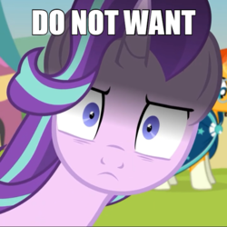 Size: 600x599 | Tagged: safe, artist:agrol, edit, starlight glimmer, sunburst, pony, unicorn, time for two, g4, caption, carnival, close-up, cropped, death stare, do not want, extreme close-up, fair, female, frown, glarelight glimmer, horn, image macro, impact font, inconvenient starlight, looking at you, male, mare, reaction image, shadow, ship:starburst, shipping, show accurate, shrunken pupils, snaplight glimmer, solo focus, stallion, stare, straight, text, yandere, yandere glimmer