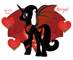 Size: 3184x2608 | Tagged: safe, artist:meganlovesangrybirds, pony, business suit, cartoon network, clothes, crossover, high res, horn, nergal, nergal and princess bubblegum, ponified, red, the grim adventures of billy and mandy, wings