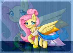 Size: 899x656 | Tagged: safe, artist:sonleeforever5, fluttershy, pegasus, pony, fake it 'til you make it, g4, clothes, cute, deviantart watermark, dress, female, mare, obtrusive watermark, shyabetes, solo, spread wings, warrior of inner strength, warriorshy, watermark, wings, zoom layer