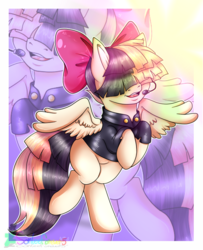 Size: 724x893 | Tagged: dead source, safe, artist:sonleeforever5, songbird serenade, pegasus, pony, g4, my little pony: the movie, bow, clothes, female, hair bow, hair over eyes, mare, solo, spread wings, wings, zoom layer