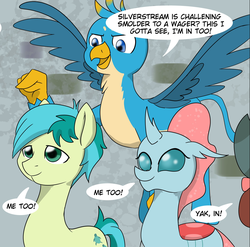 Size: 1863x1843 | Tagged: safe, artist:chedx, gallus, ocellus, sandbar, yona, changedling, changeling, griffon, pony, yak, comic:the weekend wager, g4, cropped, school of friendship, smiling, smug