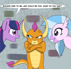 Size: 1897x1841 | Tagged: safe, artist:chedx, silverstream, smolder, twilight sparkle, alicorn, dragon, hippogriff, pony, comic:the weekend wager, g4, angry, cropped, school of friendship