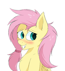 Size: 1000x1100 | Tagged: safe, artist:glazirka, fluttershy, pegasus, pony, g4, alternate hairstyle, blushing, chest fluff, female, hair tie, looking sideways, mare, simple background, smiling, solo, white background