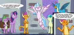 Size: 3853x1837 | Tagged: safe, artist:chedx, gallus, silverstream, smolder, spike, twilight sparkle, alicorn, dragon, earth pony, griffon, hippogriff, pony, comic:the weekend wager, g4, backpack, chuckle, commission, cropped, frown, happy, smiling, smug, twilight sparkle (alicorn), winged spike, wings