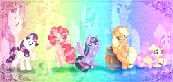 Size: 2366x1116 | Tagged: safe, artist:sonleeforever5, applejack, fluttershy, pinkie pie, rarity, twilight sparkle, alicorn, earth pony, mouse, pegasus, pony, unicorn, g4, barrel, bipedal, eyes closed, female, hooves to the chest, leaning, mare, missing cutie mark, open mouth, prone, raised hoof, speedpaint, spread wings, straw in mouth, twilight sparkle (alicorn), wings, zoom layer