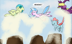 Size: 2145x1293 | Tagged: safe, artist:chedx, ocellus, sandbar, silverstream, spear (g4), changedling, changeling, dragon, hippogriff, comic:the weekend wager, g4, air, commission, cropped, dragon lands, eyes closed, female, floppy ears, geyser, male, weapon
