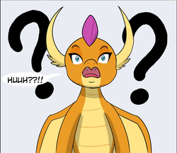 Size: 1201x1037 | Tagged: safe, artist:chedx, smolder, dragon, comic:the weekend wager, g4, confused, cropped, huh, question mark, shocked, solo