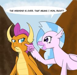 Size: 1903x1843 | Tagged: safe, artist:chedx, silverstream, smolder, dragon, hippogriff, comic:the weekend wager, g4, cheek squish, commission, cropped, cute, diastreamies, dragon lands, smolderbetes, squishy cheeks