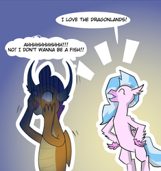 Size: 1733x1845 | Tagged: safe, artist:chedx, silverstream, smolder, dragon, hippogriff, comic:the weekend wager, g4, cropped, panic attack, panicking
