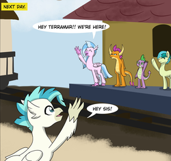 Size: 1961x1845 | Tagged: safe, artist:chedx, sandbar, silverstream, smolder, spike, terramar, dragon, hippogriff, pony, comic:the weekend wager, g4, beach, commission, cropped, train station, waving, winged spike, wings