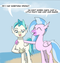 Size: 1755x1845 | Tagged: safe, artist:chedx, silverstream, terramar, hippogriff, comic:the weekend wager, g4, beach, commission, cropped