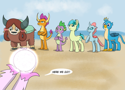 Size: 2573x1845 | Tagged: safe, artist:chedx, gallus, ocellus, sandbar, silverstream, smolder, spike, yona, changedling, changeling, classical hippogriff, dragon, earth pony, griffon, hippogriff, pony, yak, comic:the weekend wager, g4, beach, bow, cloven hooves, commission, dragoness, female, hair bow, jewelry, male, monkey swings, necklace, pearl, student six, teenager, winged spike, wings