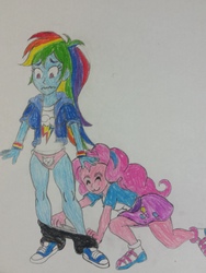 Size: 3264x2448 | Tagged: safe, artist:dcb2art, pinkie pie, rainbow dash, equestria girls, :3, assisted exposure, cat underwear, clothes, converse, embarrassed, embarrassed underwear exposure, female, legs, panties, pantsing, pink underwear, prank, shoes, silly panties, skirt, traditional art, underwear