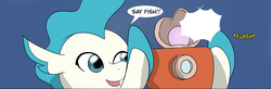 Size: 2591x853 | Tagged: safe, artist:chedx, terramar, seapony (g4), comic:the weekend wager, g4, blue eyes, blue mane, bubble, camera, commission, coral, cropped, dialogue, fin, fins, fish tail, floppy ears, flowing mane, happy, male, ocean, open mouth, open smile, photo, seaquestria, smiling, solo, swimming, tail, underwater, water
