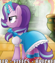 Size: 408x469 | Tagged: safe, idw, starlight glimmer, pony, unicorn, g4, angry, bow, clothes, cropped, cute, dorothy gale, dress, female, glowing horn, horn, puffy sleeves, ribbon, ruby slippers, shoes, socks, solo, the wizard of oz