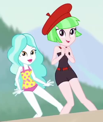 Size: 513x609 | Tagged: safe, paisley, watermelody, equestria girls, g4, my little pony equestria girls: better together, turf war, background human, beret, clothes, cropped, duo, duo female, female, hat, swimsuit, watermelody swimsuit