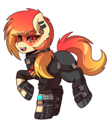 Size: 3202x3553 | Tagged: safe, artist:ciderpunk, oc, oc:sunset neon, pony, boots, clothes, cyberpunk, ear piercing, earring, gloves, high res, jewelry, piercing, shoes, socks, vest