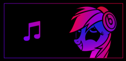 Size: 2961x1440 | Tagged: safe, artist:nevermattie, derpibooru exclusive, rainbow dash, pegasus, pony, g4, black background, cute, eyes rolling back, female, headphones, limited palette, mare, music notes, simple background, smiling, solo, teeth, vector