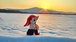 Size: 2048x1152 | Tagged: safe, artist:hihin1993, oc, oc only, oc:poniko, pony, irl, japan, mountain, photo, plushie, snow, solo, sun, sunrise