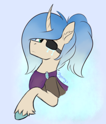 Size: 1181x1381 | Tagged: safe, artist:dyonys, oc, oc only, oc:winter solace, pony, unicorn, abstract background, bust, clothes, curved horn, eyepatch, horn, male, ponytail, stallion, unshorn fetlocks