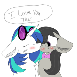 Size: 1024x1024 | Tagged: safe, artist:circuspaparazzi5678, dj pon-3, octavia melody, vinyl scratch, pony, g4, blushing, cute, female, floppy ears, kissing, lesbian, ship:scratchtavia, shipping, simple background, transparent background