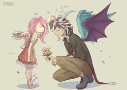 Size: 1800x1265 | Tagged: safe, artist:tcn1205, angel bunny, discord, fluttershy, butterfly, human, g4, bouquet, crouching, cute, eyes closed, female, filly, filly fluttershy, floral head wreath, flower, horn, horned humanization, humanized, kneeling, little, male, profile, shyabetes, spread wings, tailed humanization, winged humanization, wings, younger