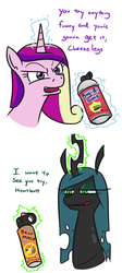 Size: 538x1200 | Tagged: safe, artist:jargon scott, princess cadance, queen chrysalis, alicorn, changeling, changeling queen, pony, g4, bear mace, bug spray, bust, cheeselegs, comic, dialogue, duo, female, glowing horn, horn, mace, magic, mare, mutually assured destruction, pepper spray, simple background, spray can, telekinesis, this will end in pain, this will end in tears, weapon, white background