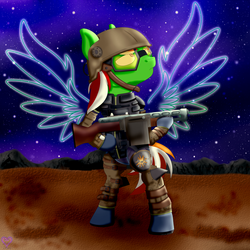Size: 3000x3000 | Tagged: safe, artist:theartistsora, oc, oc only, oc:wandering sunrise, earth pony, pony, fallout equestria, fallout equestria: dead tree, angel with a shotgun, angelic wings, armor, dead tree, fallout, female, green pony, gun, helmet, high res, mare, orange tail, red mane, shotgun, song reference, the cab, tree, wandering sunrise, wasteland, weapon, white hair