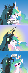 Size: 800x2035 | Tagged: safe, artist:omny87, princess celestia, queen chrysalis, alicorn, changeling, changeling queen, pony, g4, blushing, comic, crown, cute, cutealis, dialogue, eyes closed, fangs, female, floppy ears, floppy horn, horn, hornboner, jewelry, kiss on the lips, kissing, lesbian, lidded eyes, mare, open mouth, regalia, ship:chryslestia, shipping, speech bubble, surprise kiss, wide eyes