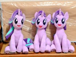 Size: 1024x768 | Tagged: safe, artist:nekokevin, starlight glimmer, pony, unicorn, series:nekokevin's glimmy, g4, female, irl, looking at you, mare, multeity, open mouth, photo, plushie, self ponidox, sitting, smiling, starlight cluster, triality, trio, underhoof