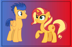 Size: 2472x1640 | Tagged: safe, artist:lucymarie2000, flash sentry, sunset shimmer, pony, unicorn, g4, duo, female, gradient background, male, mare, ship:flashimmer, shipping, stallion, straight