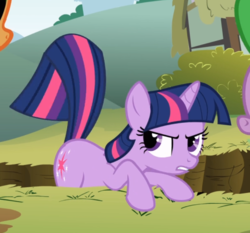 Size: 786x734 | Tagged: safe, screencap, twilight sparkle, pony, unicorn, feeling pinkie keen, g4, cropped, female, offscreen character, raised tail, sin of pride, solo focus, tail, unicorn twilight
