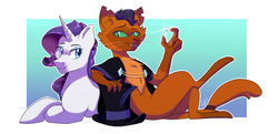 Size: 1120x540 | Tagged: safe, artist:kiarawizard01, capper dapperpaws, rarity, abyssinian, pony, unicorn, g4, my little pony: the movie, chest fluff, duo, female, mare, smiling