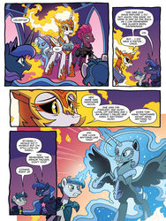 Size: 768x1024 | Tagged: safe, artist:tony fleecs, idw, daybreaker, nightmare moon, princess luna, stygian, tempest shadow, trixie, alicorn, pony, unicorn, g4, nightmare knights, spoiler:comic, spoiler:comicnightmareknights05, armor, black sclera, broken horn, comic, dialogue, empty eyes, eye contact, female, fire, grin, gritted teeth, horn, lidded eyes, lock, looking at each other, looking up, male, mane of fire, mare, nightmare luna, preview, raised hoof, rearing, smiling, smirk, speech bubble, spread wings, stallion, starry night terror, text, the dark horse, wings