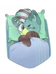 Size: 1536x2048 | Tagged: artist needed, safe, oc, oc only, oc:duk, duck pony, pony, bed, blanket, cute, duck bed, ears, ears up, looking at you, pillow, quack, solo, waking up
