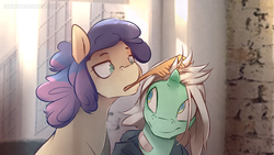 Size: 3840x2162 | Tagged: safe, artist:icychamber, bon bon, lyra heartstrings, sweetie drops, earth pony, pony, unicorn, g4, bandage, black hoodie, brush, brushing, clothes, comb, combing, female, high res, hoodie, mare, mouth hold