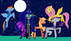 Size: 2048x1196 | Tagged: safe, artist:asiandra dash, applejack, fluttershy, nightmare moon, pinkie pie, princess celestia, rainbow dash, rarity, twilight sparkle, alicorn, pony, g4, full moon, hoof shoes, mane six, moon, night, stars, twilight sparkle (alicorn)