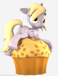 Size: 3123x4088 | Tagged: safe, artist:flushthebatsanta, derpy hooves, pony, g4, 3d, butt, female, food, giant muffin, muffin, plot, scrunchy face, simple background, solo