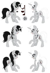 Size: 1800x2600 | Tagged: safe, artist:palerose522, oc, oc only, oc:neigh-jing, pony, unicorn, alternate hairstyle, black sclera, chinese, colored sclera, female, hairpin, heterochromia, mare, open mouth, ponytail, raised hoof, reference sheet, simple background, solo, tattoo, transparent background, yin-yang